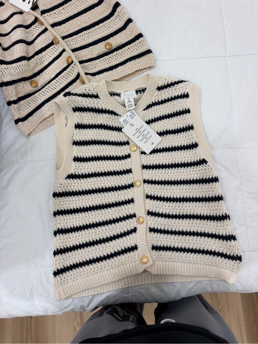 H&M Cream & Black Striped Knit Vest with Gold Buttons